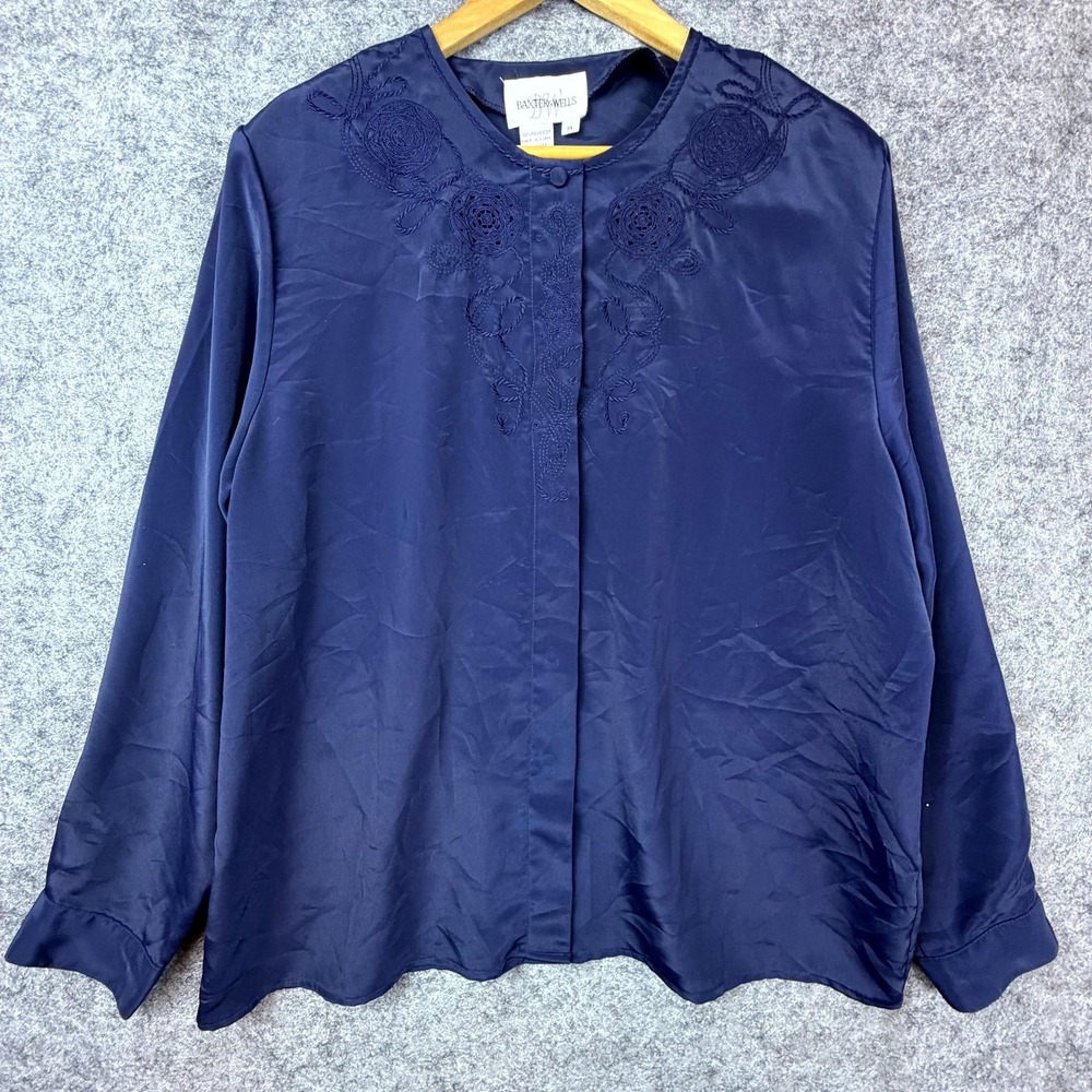 Vintage Baxter & Wells Secretary Blouse Top Womens‎ 14 Blue Embroidered Career